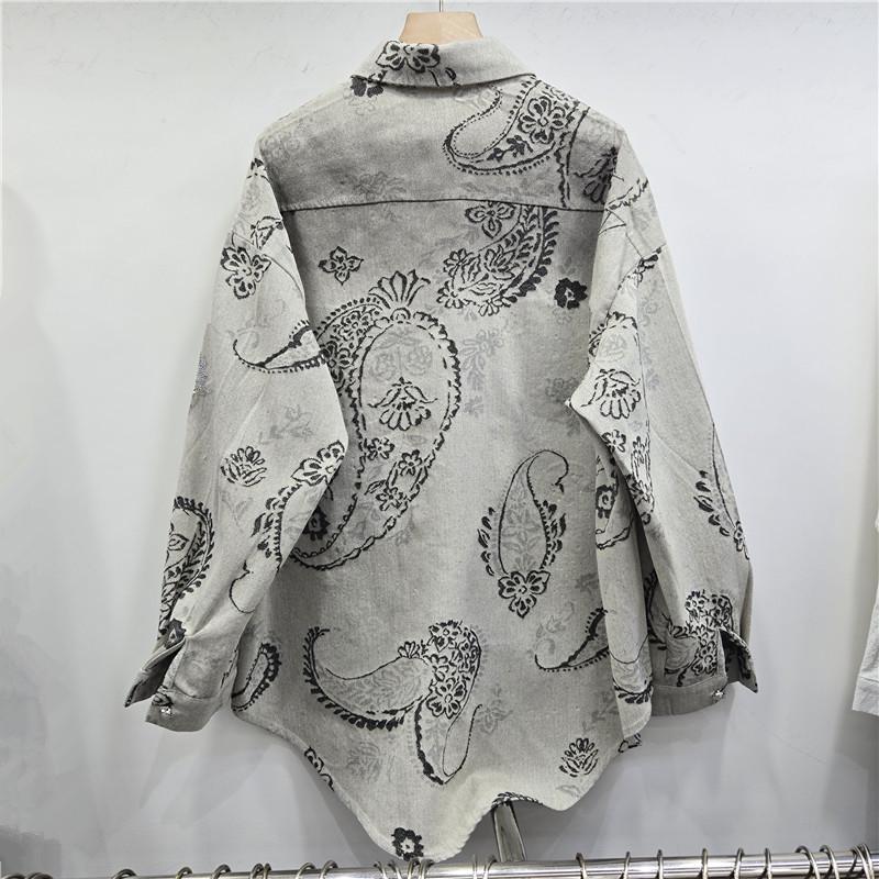 2026 Spring Rhinestone Jacquard Denim Long Sleeve Shirt Jacket - Women's Loose-Fit Mid-Length Top