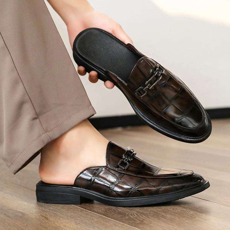 Fashion Fashion New Men's Black Grey Brown Crocodile Pattern Leather Half Slippers Shoes Male Casual Mules Moccasins Breathable Loafers