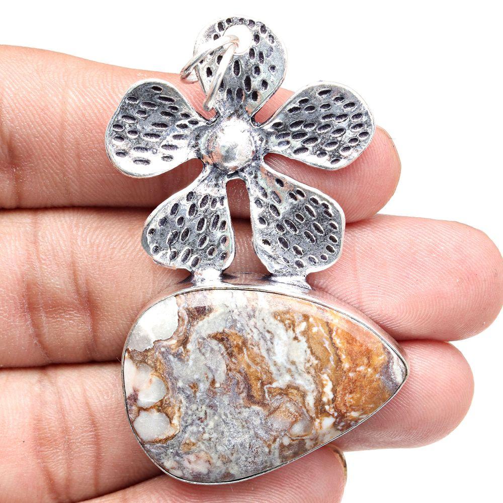 Pendant Crezy Lace Agate Gemstone Gift For Her Silver Jewelry 2.5"