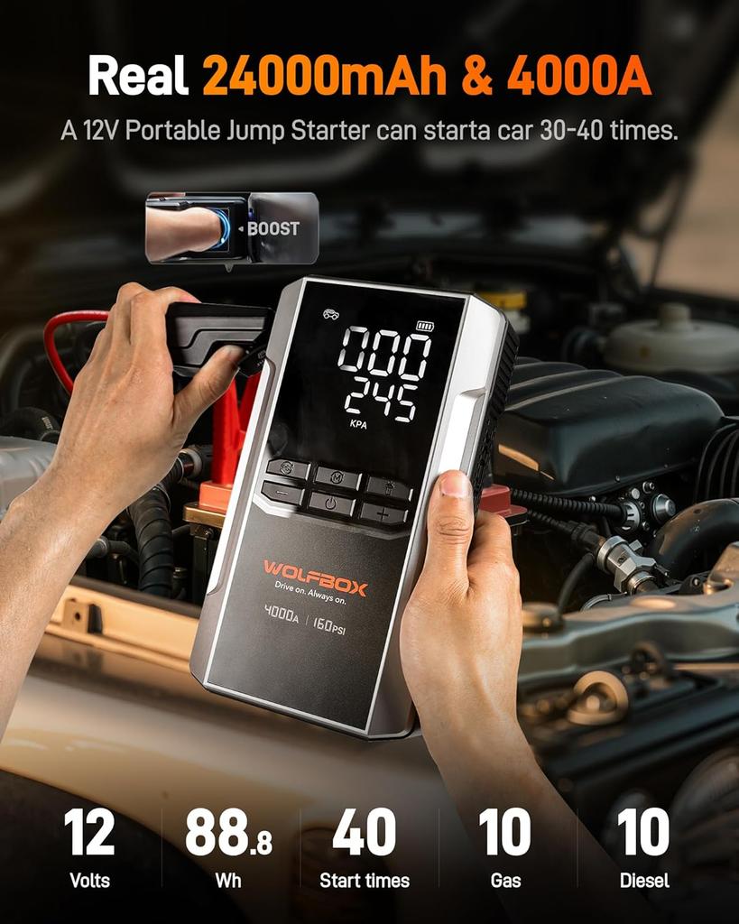 4000A Jump Starter with 160PSI Air Compressor, 12V Battery Booster, 65W Fast Charge, 24000mAh Portable Inflator, LED Display for