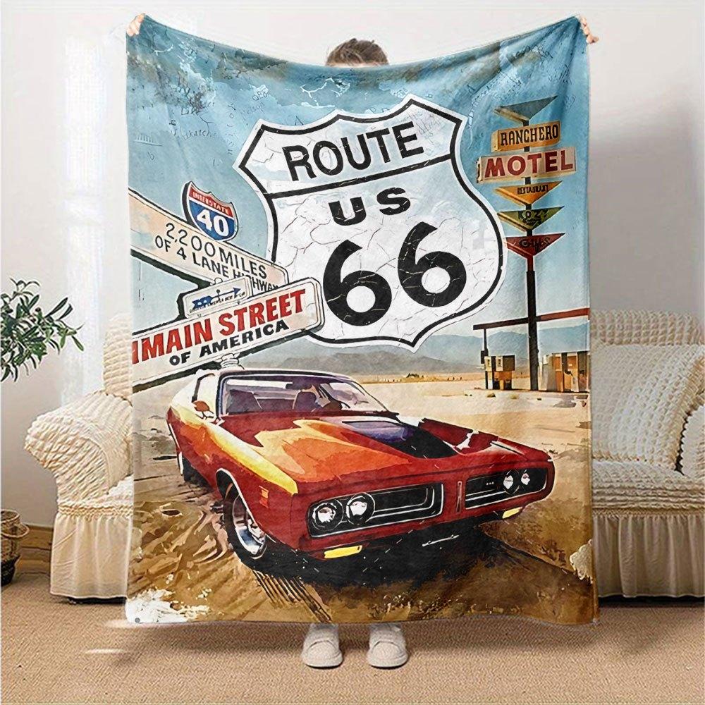 1 stuks Route 66 4 Deken Zacht Warm Plaid voor Huis, Kantoor, Reizen Alle Seizoenen Gezellige Beddengoed Cadeau, Gezellig Kantoor Accessoire