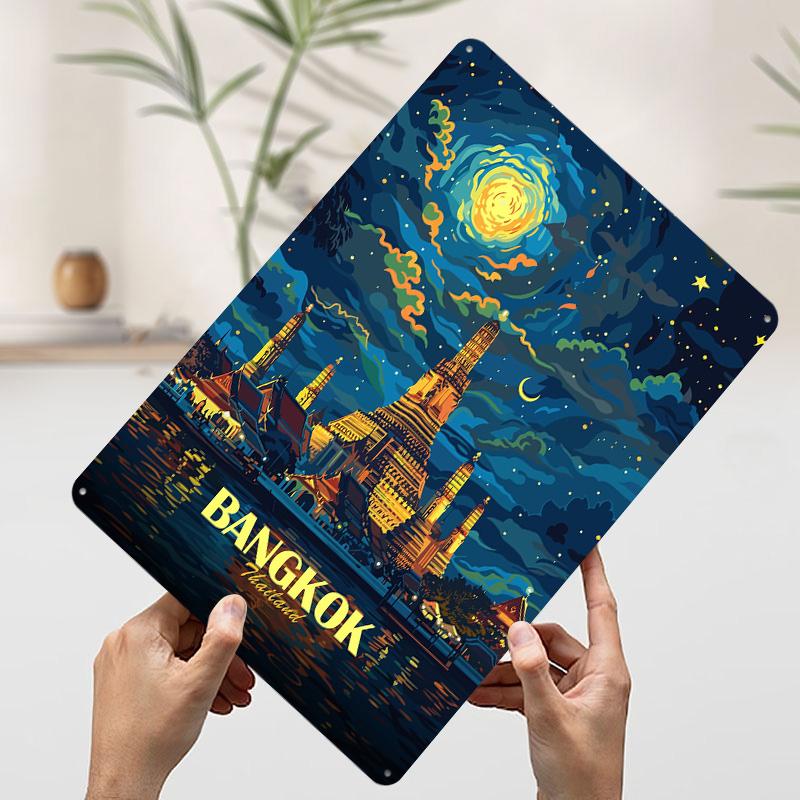 Bangkok Thailand Nightscape Metal Poster Customized Wall Art Retro Vintage Tinplate Signs for Man Cave Bedroom Decorations House