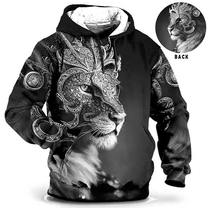 Men's hooded sweatshirt with dragon and tiger pattern for daily leisure, retro long sleeved hooded vacation, and sports