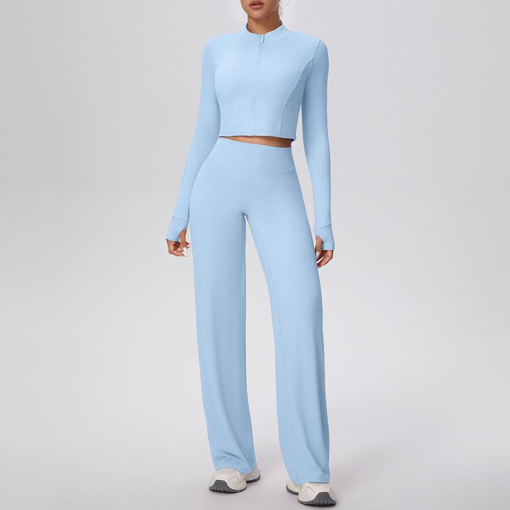 New Cross-border Solid Color Zip Jacket & Wide Leg Yoga Suit - Two-piece Fitness Set