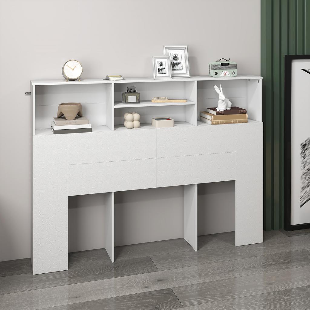 Testiera autoportante con contenitore, Accessorio per letto 4 scomparti a giorno, 140 x 19 x 103,5 cm, Bianco