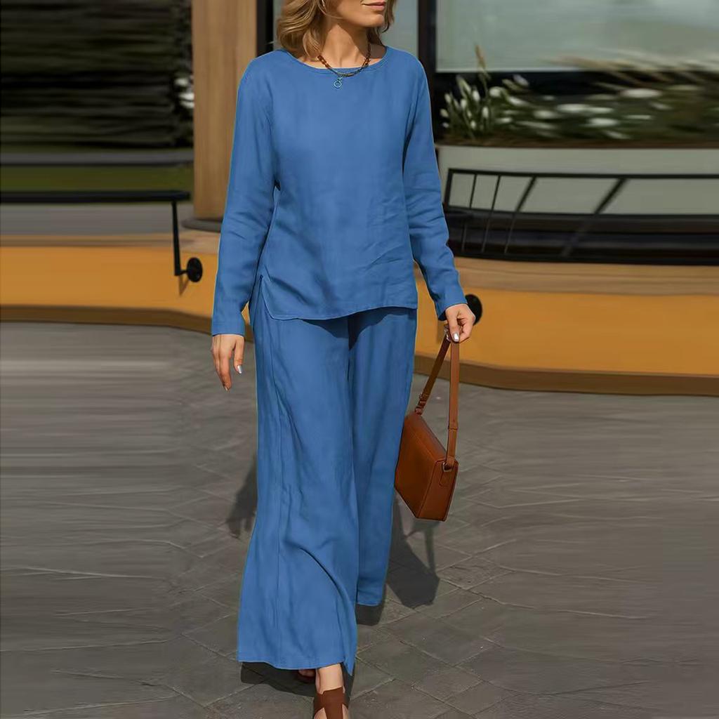 Women's Fashion Solid Color Round Neck Long Sleeve Top with Elastic Waist Casual Pants Set