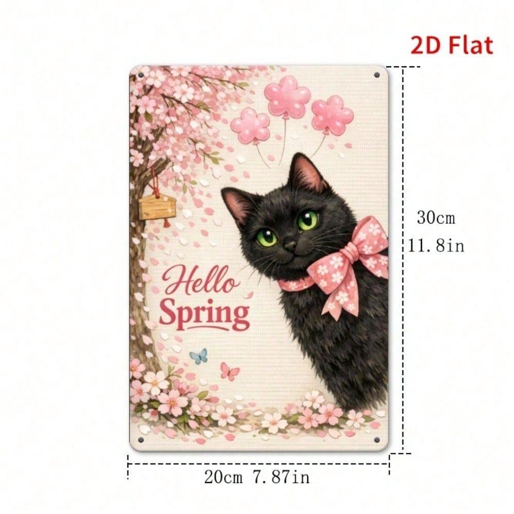 Vintage Spring Cherry Blossom Black Cat Metal Sign Waterproof Rust Resistant Wall Art Garden Decor