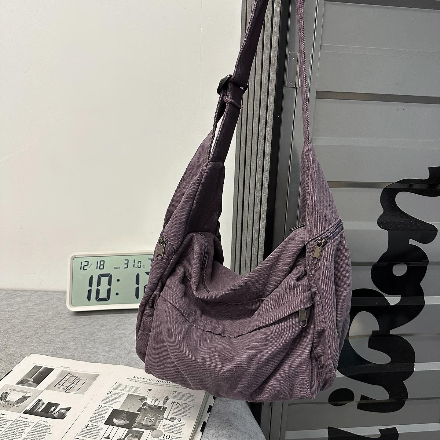 100% Katoen Schoudertassen Dames Grote Capaciteit Canvas Gereedschapstassen Koreaanse Stijl Stoffen Crossbody Tassen Effen Messenger Bags paars