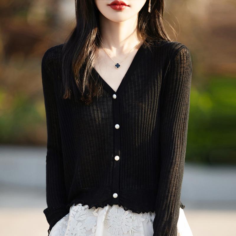 Sommer Neues V-Ausschnitt Klimaanlagen-Top Locker Eisseide Strickjacke Vielseitiges Top