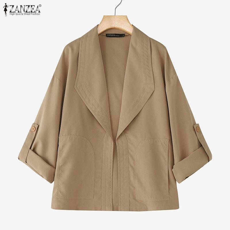 ZANZEA Womens Solid Color Loose Casual 3/4 Sleeve Thin Cardigan Tops