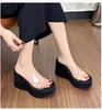 Fashion 2025 New Genuine Leather Slope Heel Transparent One Word Slippers for Women Height Increasing Thick Bottom Half Slippers