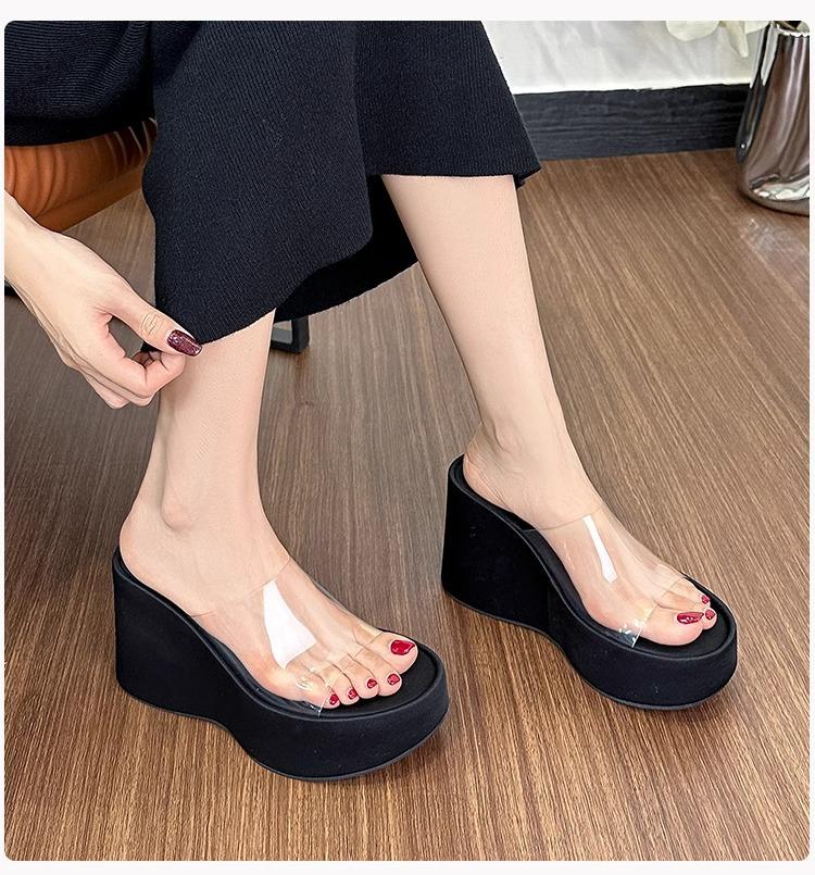 Fashion 2025 New Genuine Leather Slope Heel Transparent One Word Slippers for Women Height Increasing Thick Bottom Half Slippers