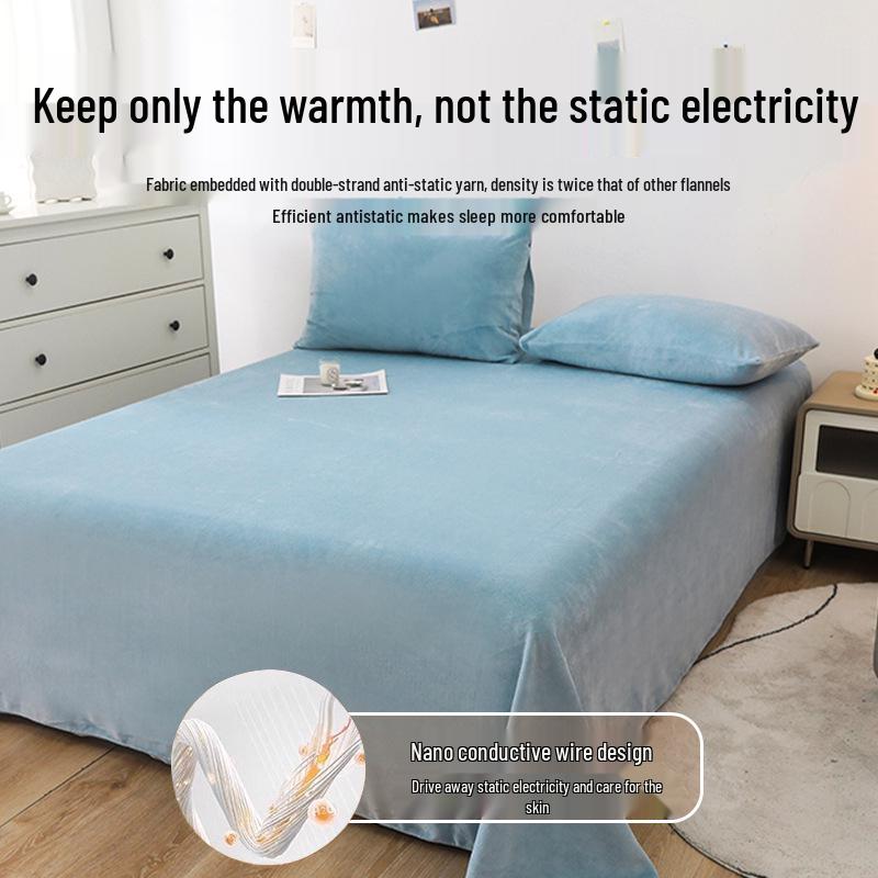 Winter Velvet Flannel Fleece Bed Sheet - Thick Coral Fleece, Solid Color, for Student Dormitory Mattress.