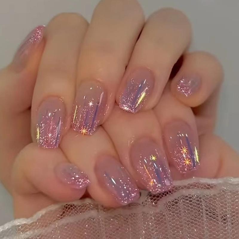 Short Ballet Burst Flash Pink Purple Sequins Aurora Shooting Star False Nails Burst Pulp Mangosteen Wear Nail False Nails