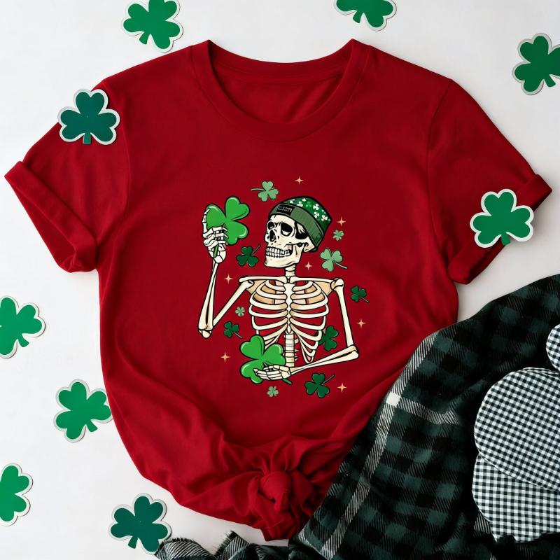 Patricks St Pattys Skeleton Dancing Funny Irish Shirt Saint Day Shamrock Unisex Graphic Tshirts Crewneck Regular Short Sleeve