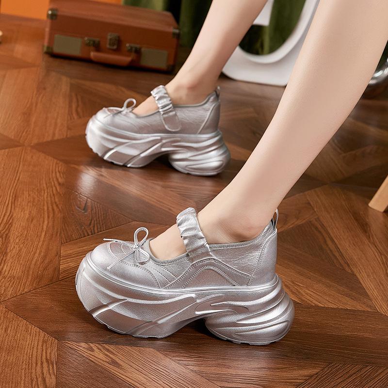 Platform Mary Jane shoes women's 2025 spring and summer new silver sweet bow inner height increase women's shoes versatile little white shoes