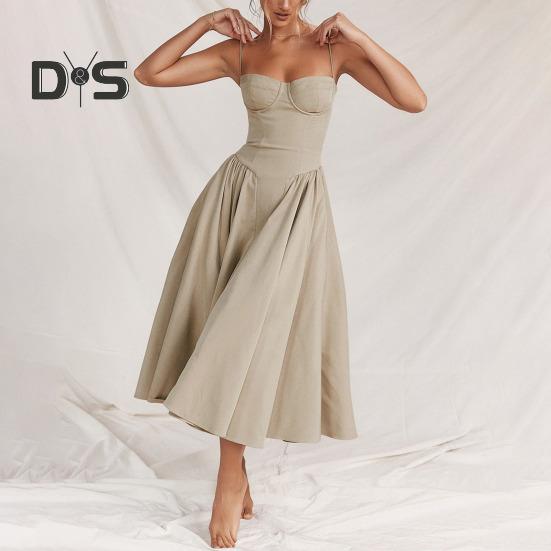 Damklänning Lågskuren spaghettirem Rygglös Ärmlös A-linje Big Swing Ren färg Smal midja Plisserad Cocktailparty Bal midiklänning