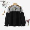 ZANZEA Women Perspective Mesh Splice Round Neck Long Sleeve Casual Blouse