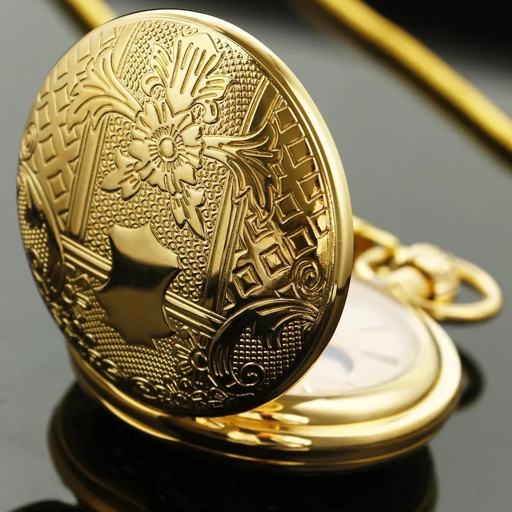 Classic Ornately Carved Golden Mechanical Pocket Watch Gold Pendant Gold Plated Dial Ladies Pendant Necklace Men's Watches Gifts