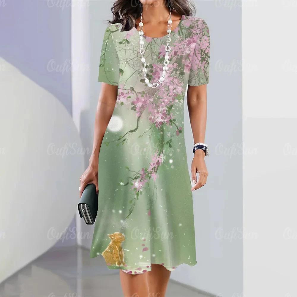 Elegant Summer Color Block Short Sleeve 3D Floral Maxi Dress with Cinched Waist and Round Neck