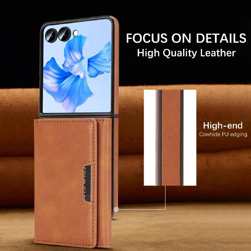 Samsung Z Flip7 Wireless Charging Phone Case with Magnetic Tri-fold Card Holder, Leather Sticker, Velvet Inner, 6-Level Protection.