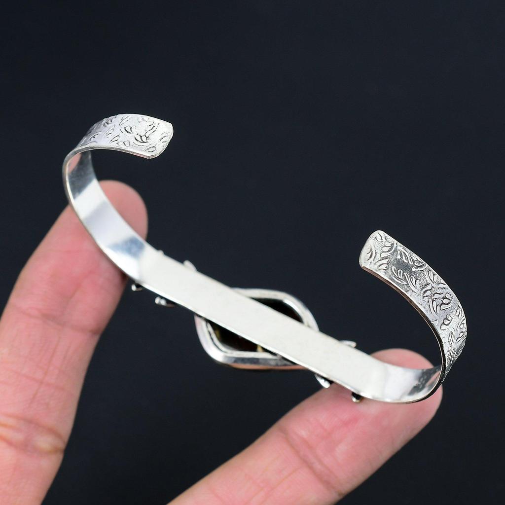 Womens Day Sale 925 Sterling Silver Iron Tiger Eye Gemstone Ethnic Flower Bangle