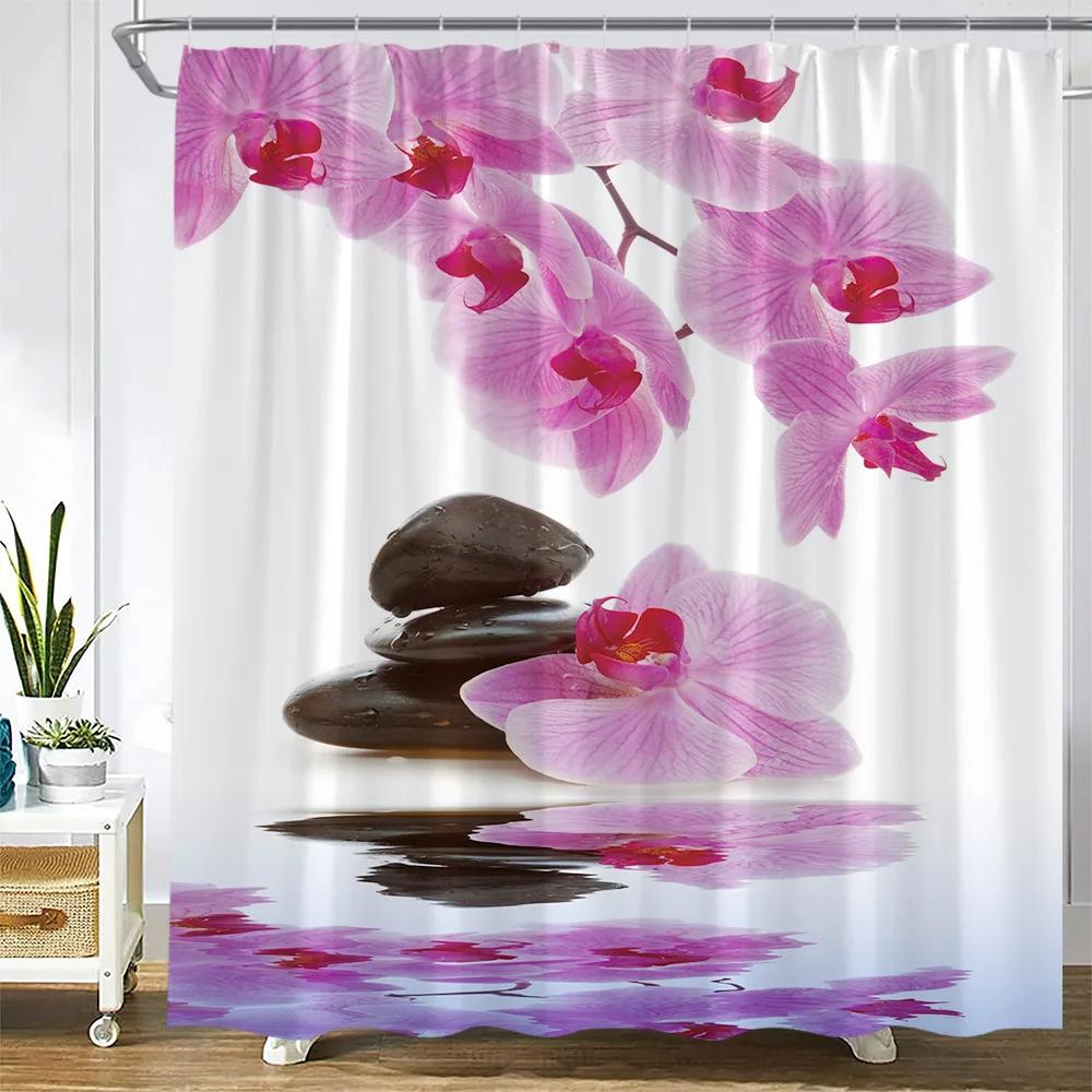 Zen Green Bamboo Shower Curtain Pink Flower Plant Black Stone Spa Garden Scenery Wall Hanging Fabric Bathroom Decor Curtains S