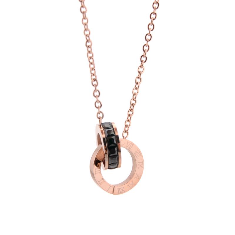 18K Mehrfarbiger Zirkon Römische Ziffer Edelstahl Halskette für Reichtum und Glück, Nicht verblassendes Doppelring Titanstahl Design.