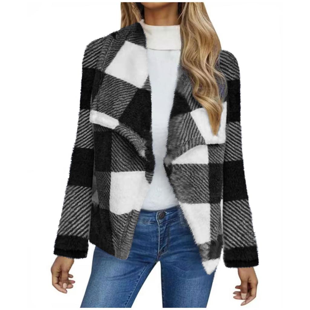 Ladies' Fashionable V Neck Long Sleeved Pocket Color Blocked Cardigan Flannel Warm Sleepwear Jacket