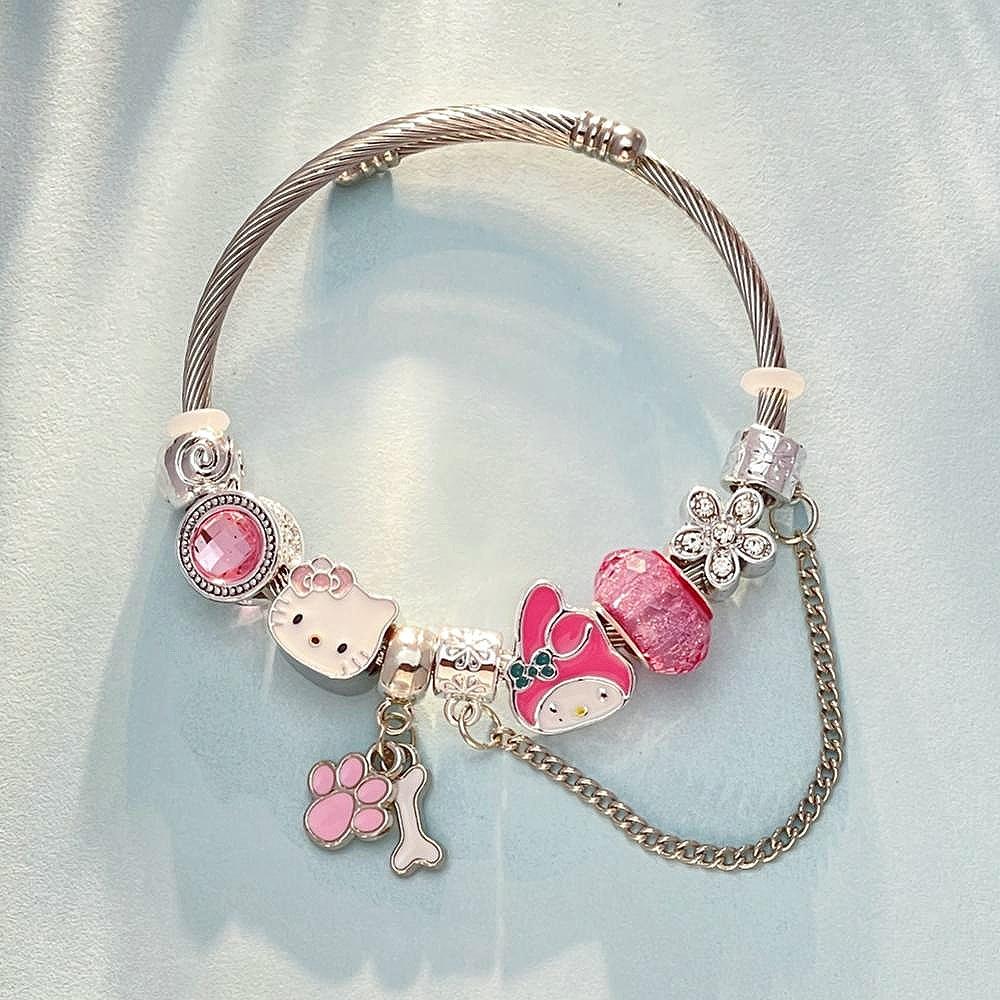 Hello Kitty Rosa Pandora Armband - Niedliches Cartoon-Katzen-Charme-Bügelarmband Schmuck