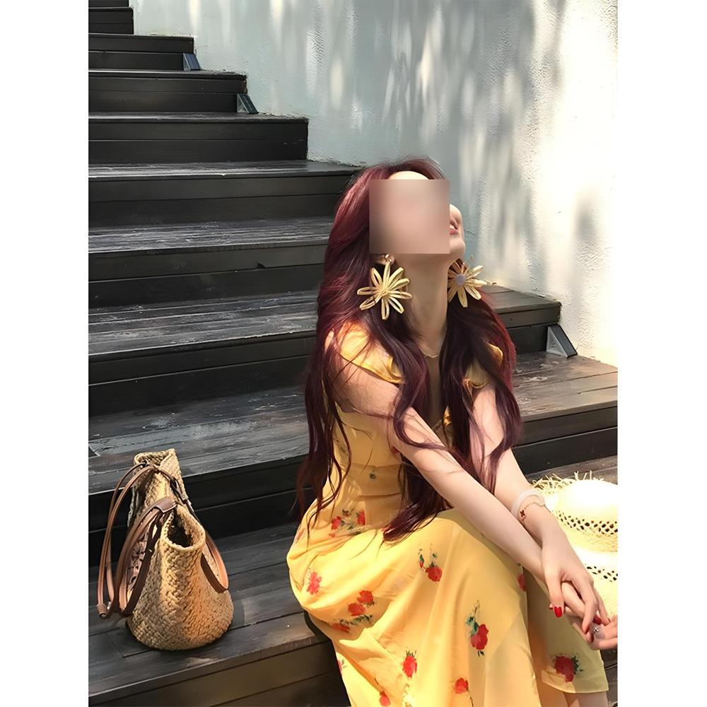 

Красивый легкий знакомый красивый темперамент цветочное платье женственность лето маленький морской отпуск длинная юбка XL- (recommended 110-60kg) жёлтый