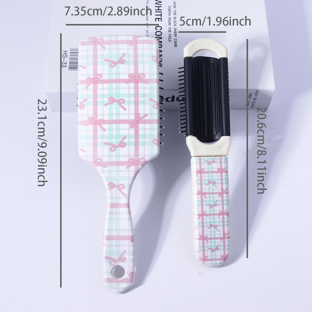 2pcs Printed Comb Set - Bow Pattern, Large Knot Removal Brush, Compact Folding Mirror Comb,Special for Real Hair Wigs