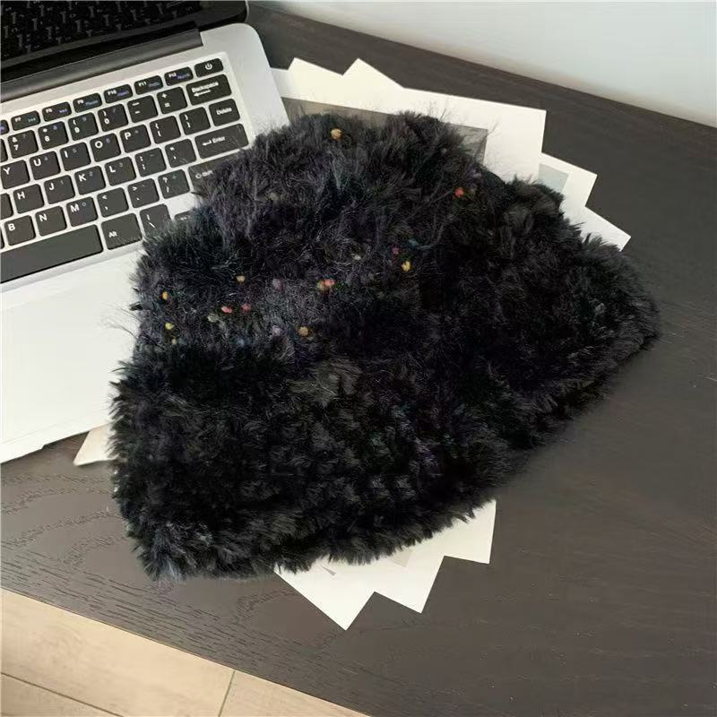 Colored jelly bean plush bucket hat winter warm face thickened knitted wool hat ear protection hat