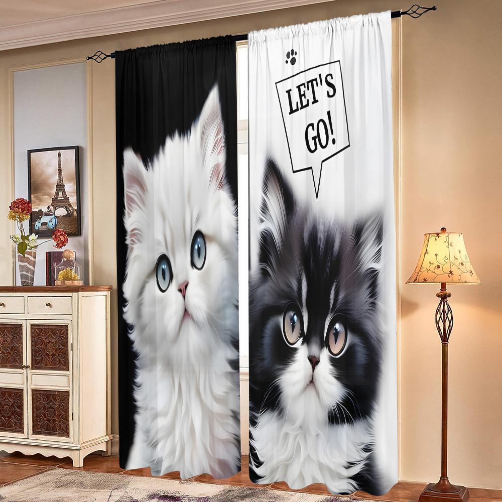 2 Pieces, Cute Black and White Cat Curtains - Semi Blackout - Suitable for Living Room, Bedroom, Kitchen, Home Decoration