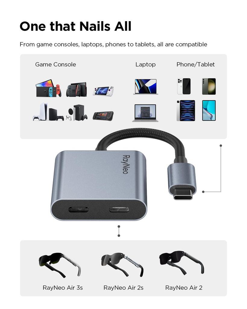 RayNeo AR Glasses 4K 100W PD Charging Compatible with Steam ROG Mac and Compatible with Air Air and Air 2 USB-C Adapter, 60Hz, Support, Switch, PS5,