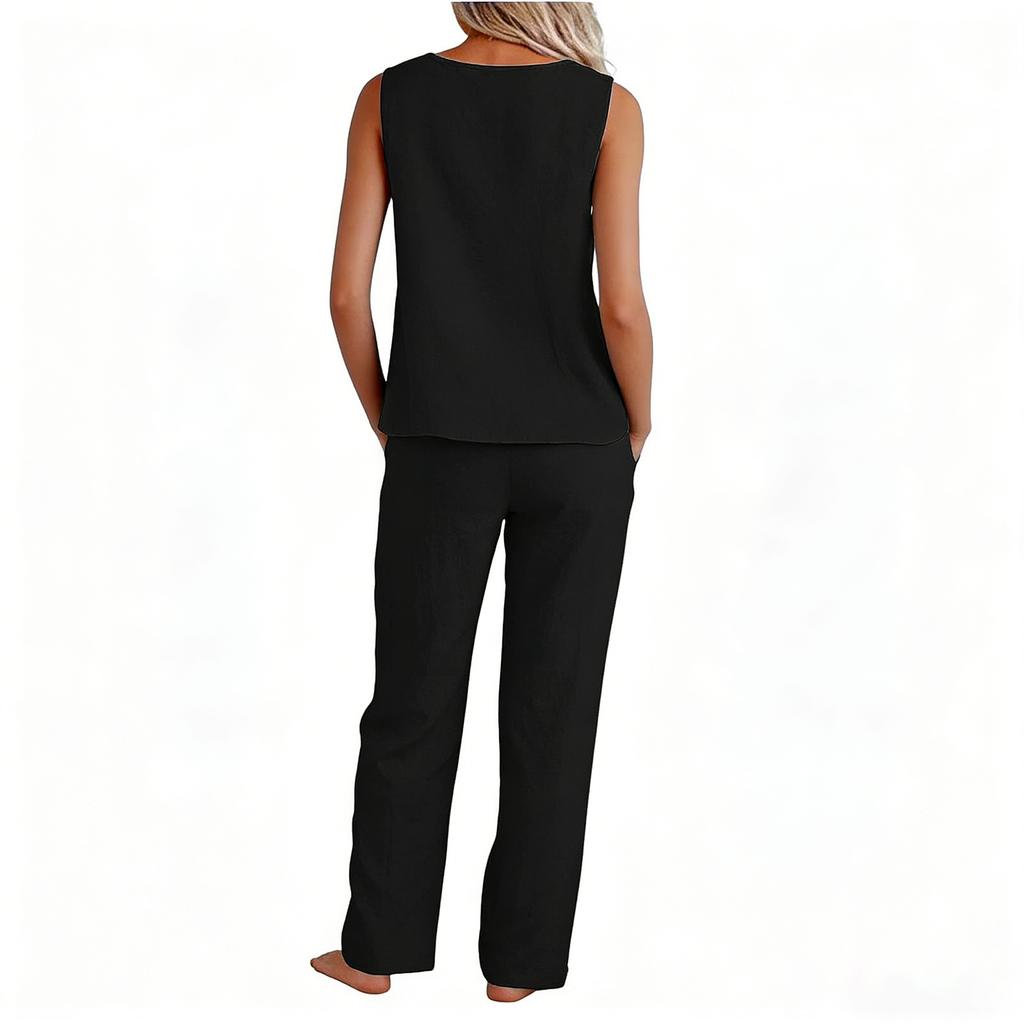 Women 2 Piece Sleeveless Tank Tops Wide Leg Pants Casual Linen Sets