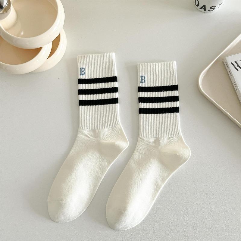 Striped Socks, Women's Mid-calf High-top Socks, Versatile, Simple, Sporty, School Style, Spring and Autumn Cotton Socks