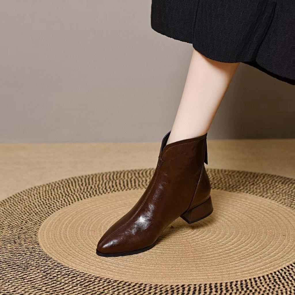 Pointed Short Boots Women's Autumn and Winter New Rear Zipper Low Heel Leather Boots Simple Temperament Fashion Boots Cotton Boots