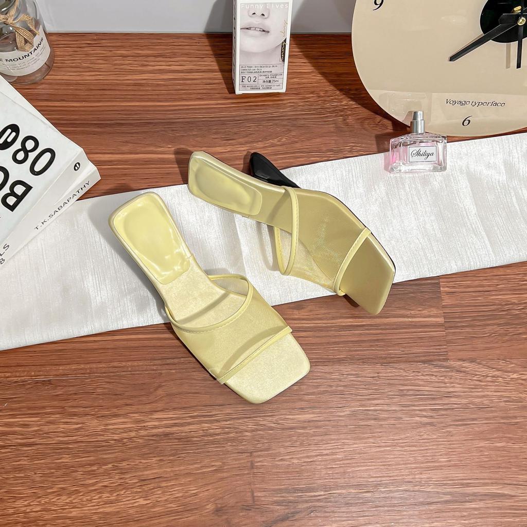 Summer new high-heeled cool slippers girl 2025 wear high-end fairy wind breathable word with mesh sandals woman