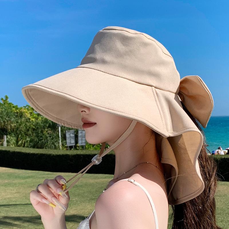 Spring and Summer Big Eaves Shawl Neck Protector Bucket Hat Outdoor Sun Protection Sun Hat Fashion with Ponytail Hole Hat Women