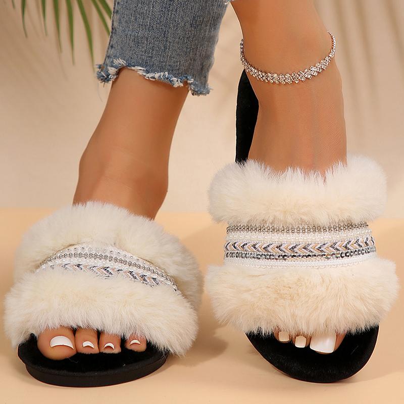 Bling Weave Pattern Fur Slippers Women 2025 Mix Color Faux Fur Plush Slides Woman Slip On House Flats Cotton Slippers Mujer