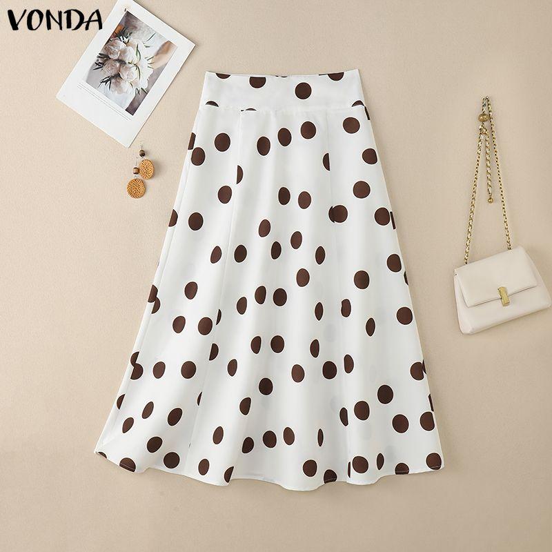 VONDA Women Zip-up Waist Casual Polka Dots Print Swing Pleated Skirts