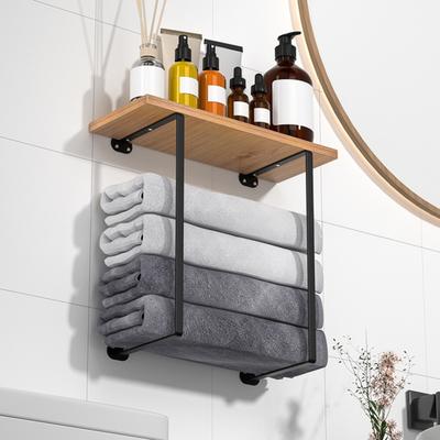 Wall Mounted Towel Holder with Wood Shelf Strong Load-bearing Easy To Install Multi-functional Bathroom Towel Rack Storage Holder