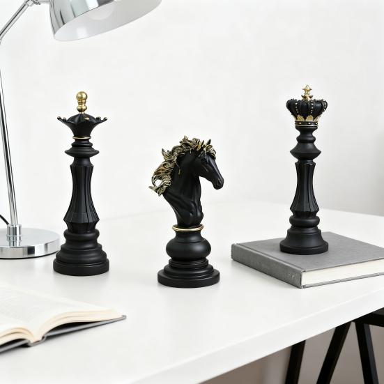 Chess Piece Statue Collectible Black White Horse Sculpture King Queen Knight Chess Piece Figurine for Home Office Desk Shelf Decoration