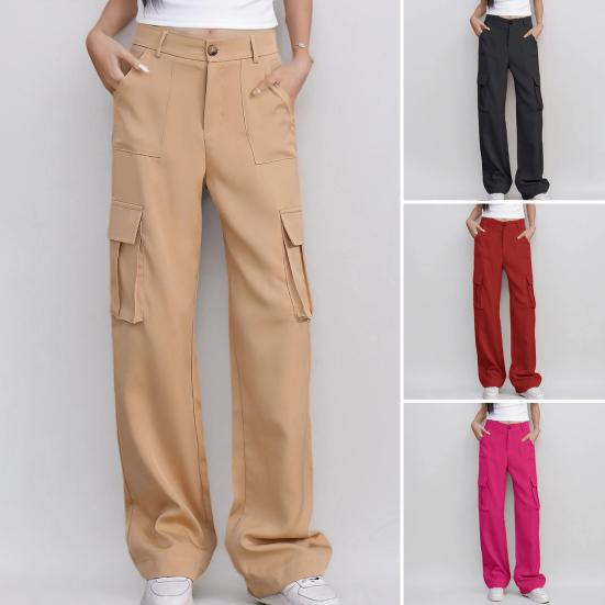 Women Cargo Pants High Waist Button Zipper Fly Casual Trousers Solid Color Loose Fit Multi-Pocket Design Long Pants