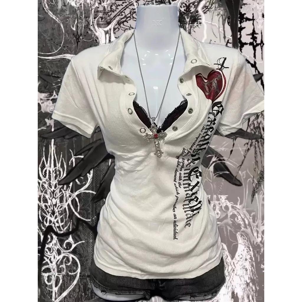 TrendHub Amerikanische Vintage T-Shirts Damen Kurzarm Retro Bodycon Y2k Crop Top Büro Dame Koreanische Mode Harajuku Subkultur T-Shirts