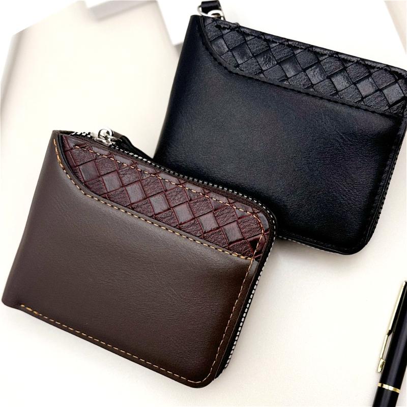 Herren Vintage PU Leder Geldbörse Reißverschluss Dreifach gefaltet Kurze Geldbörse Gewebtes Patchwork Multi Kartenhalter Münzfach Ausweisfenster Lässige Business Geldbörse