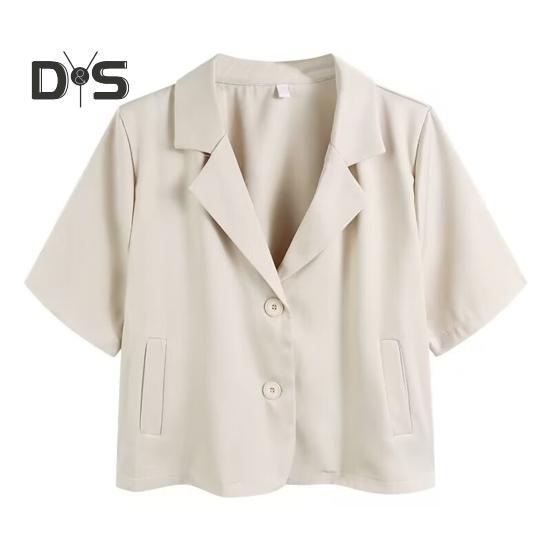 Dámské sako s klopami, krátkým rukávem a volným střihem, s kapsami, jednobarevné, volného střihu, letní business kabát