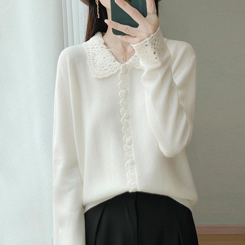 2026 Spring/Autumn Women's Crochet Lace Collar Mercerized Wool Cardigan, Machine Washable Knit Jacket.