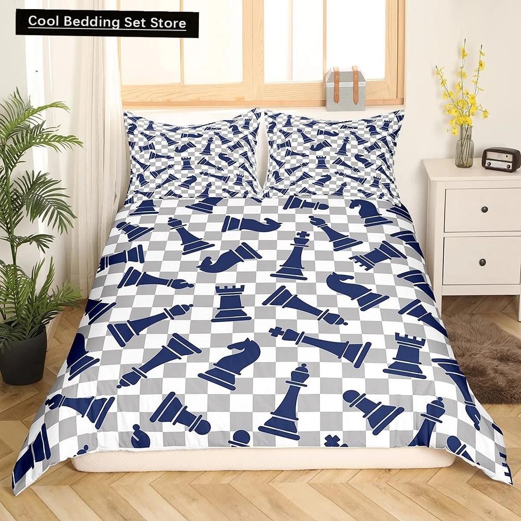 International Chess King Queen Duvet Cover Chess Board Bedding Set Black White Grid Quilt Cover Plaid Polyester Comforter Cover